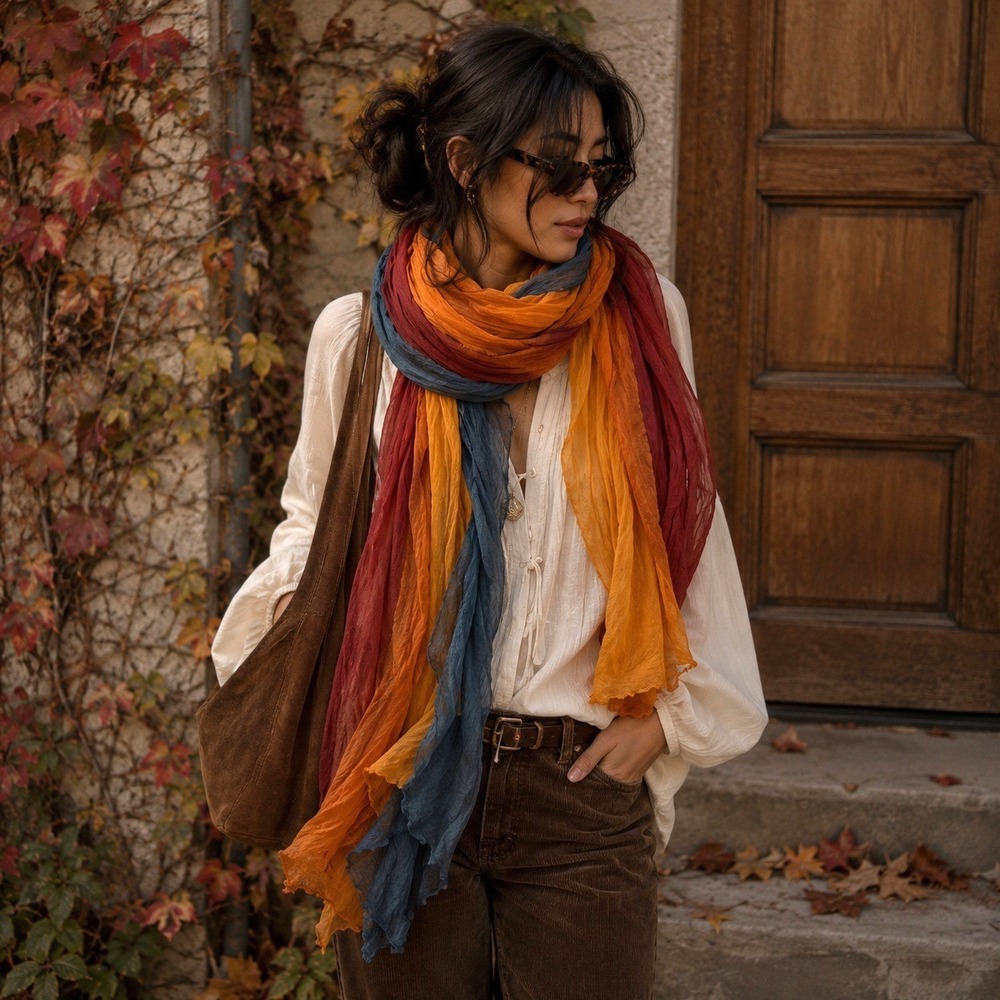 Womens Crinkle Colorblock Scarf Orange Burgundy Grey Oversized Boho Shawl Wrap